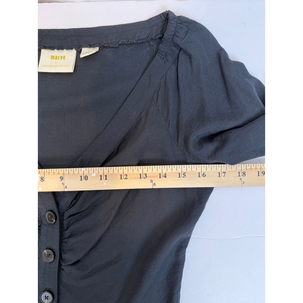 Maeve by Anthropologie Womens Ruched Button Blouse Size 4 Black Boho Office - Picture 4 of 8